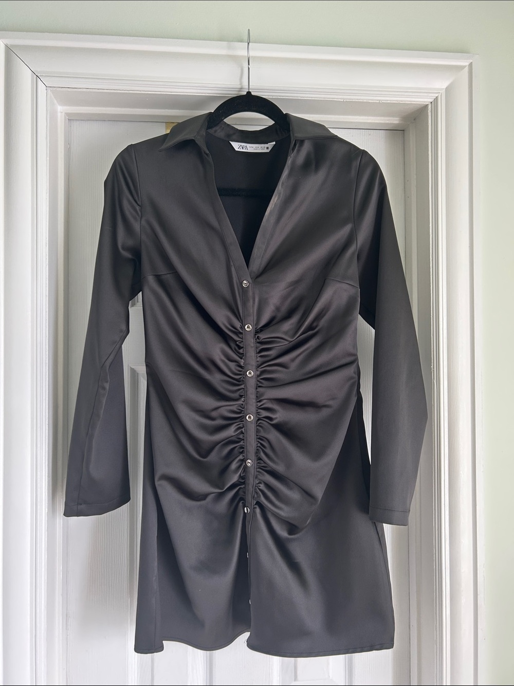 Zara Black Satin Ruched Button-Front Shirt Dress